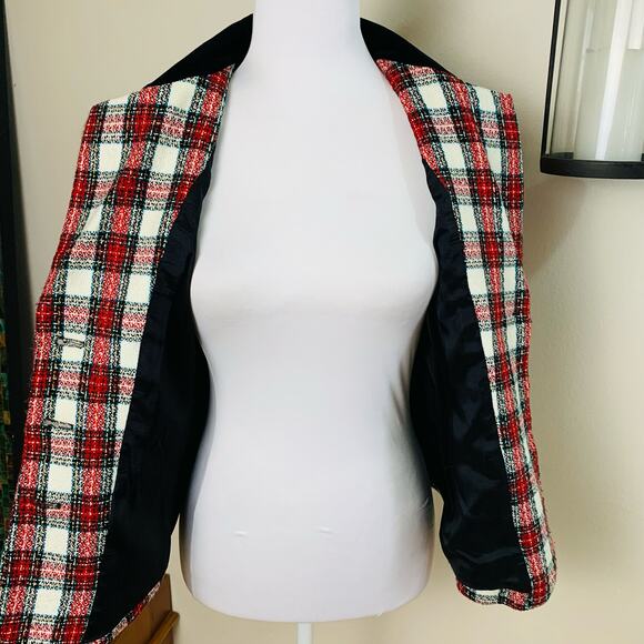 Vintage Size 6P Plaid Blazer Jacket Velvet Red Black Gold Metallic Holiday - Picture 5 of 11